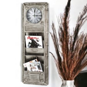 Learo Metal Wall Clock With Magazine Rack In Anthracite