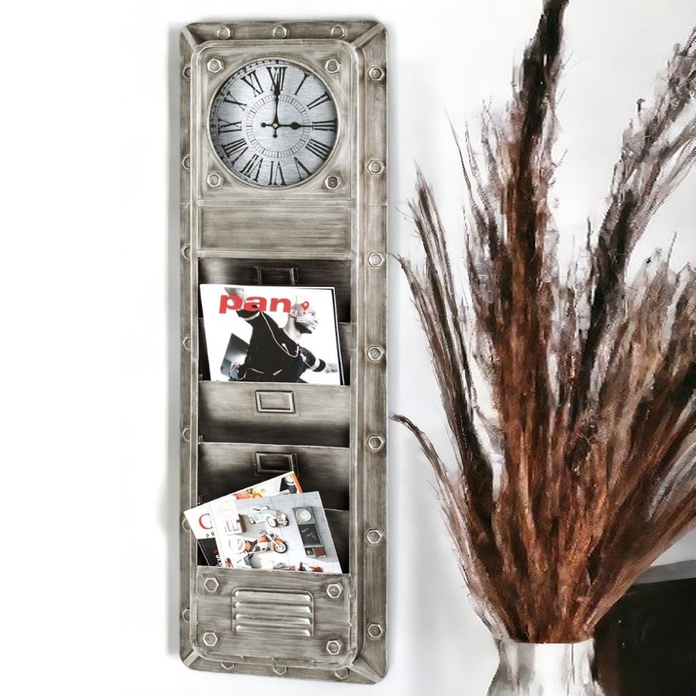 Learo Metal Wall Clock With Magazine Rack In Anthracite